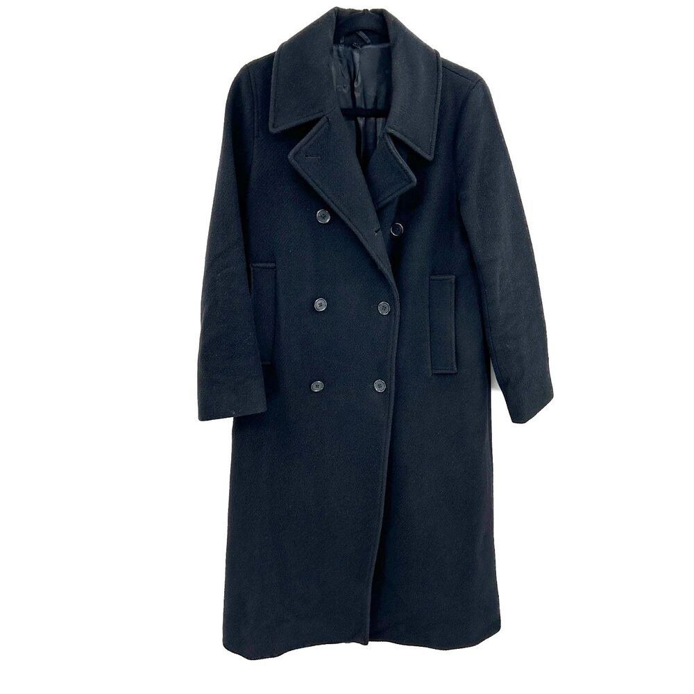 COS Black Wool Blend Double Breasted Notch Lapel Long Trench Coat Size Medium